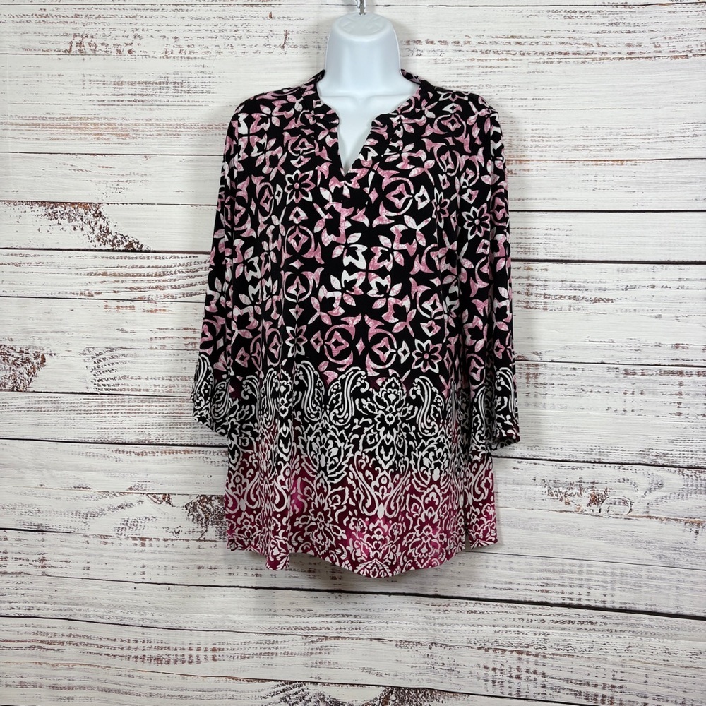 Susan Graver Black Floral V Neck 3/4 Sleeve Blouse